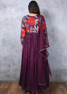  Wine Chinnon Embroidered Alia cut Anarkali Gown with Dupatta Kurta Set For Party Wear  3