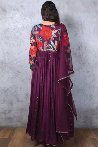  Wine Chinnon Embroidered Alia cut Anarkali Gown with Dupatta Kurta Set For Party Wear 