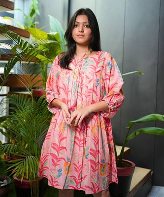 Pink cotton floral printed dress 1