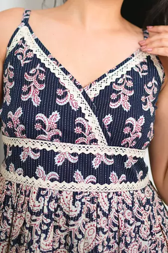Navy blue floral printed short dress
