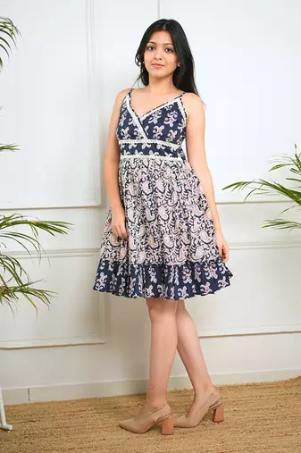 Navy blue floral printed short dress