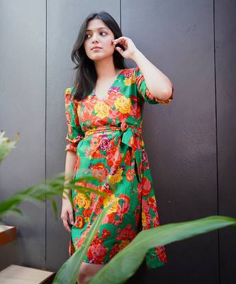 Green cotton floral printed dress 1