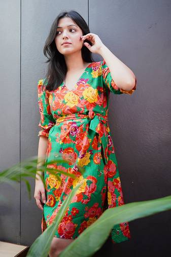 Green cotton floral printed dress