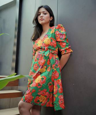 Green cotton floral printed dress 3