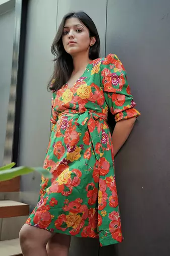 Green cotton floral printed dress