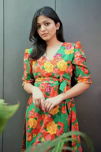 Green cotton floral printed dress