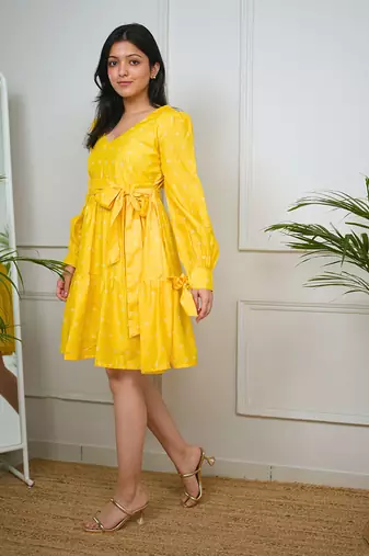 Yellow cotton printed sunflower dress
