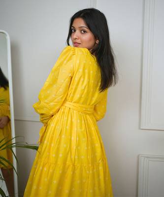 Yellow cotton printed sunflower dress 5