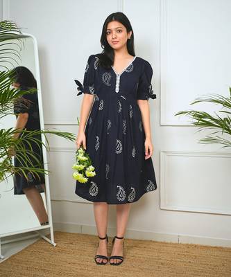 Black cotton printed peacock dress 1