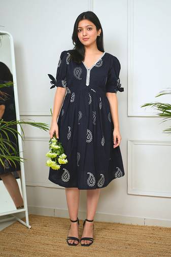 Black cotton printed peacock dress
