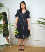 Black cotton printed peacock dress