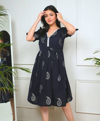 Black cotton printed peacock dress 2