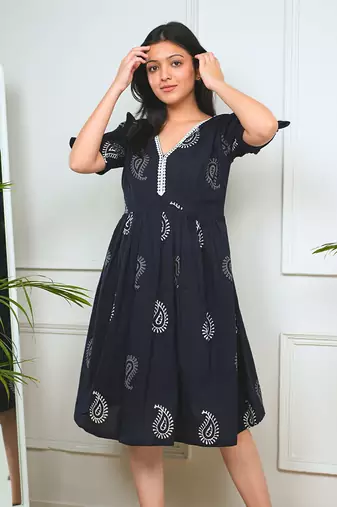 Black cotton printed peacock dress