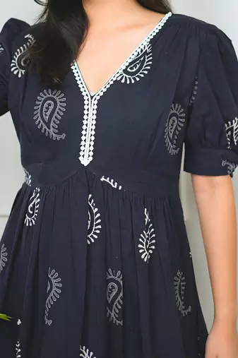 Black cotton printed peacock dress