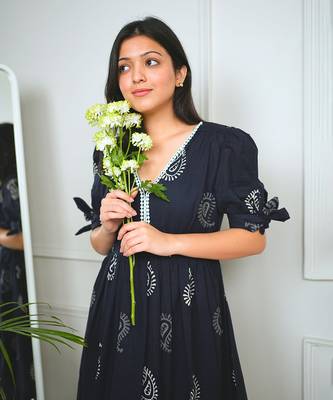 Black cotton printed peacock dress 4