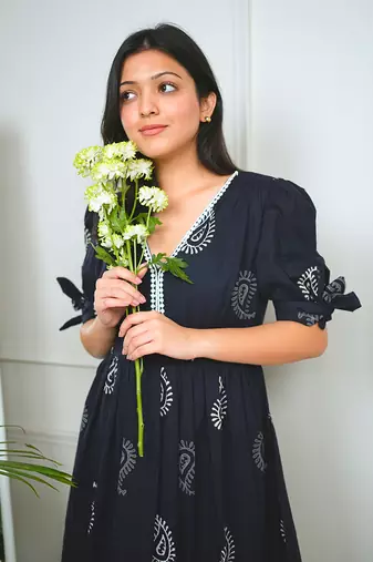 Black cotton printed peacock dress
