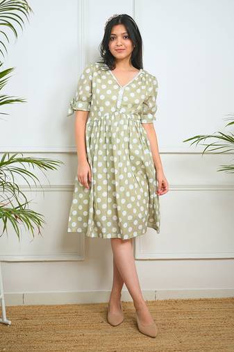 Green cotton printed polka dots dress