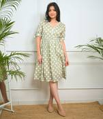Green cotton printed polka dots dress