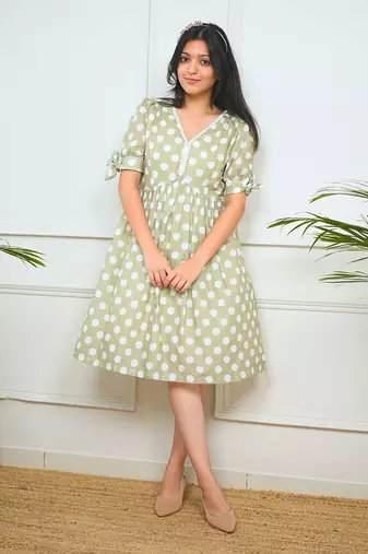 Green cotton printed polka dots dress