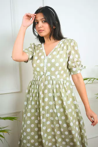 Green cotton printed polka dots dress
