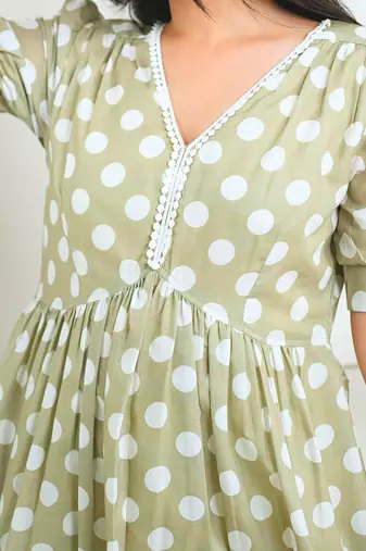 Green cotton printed polka dots dress