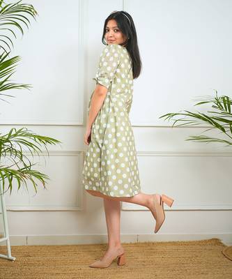 Green cotton printed polka dots dress 5