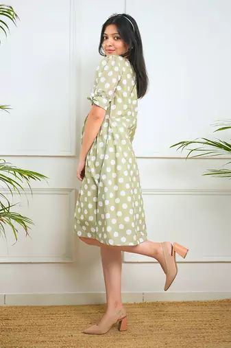 Green cotton printed polka dots dress