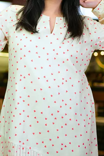 White cotton printed little heart dress