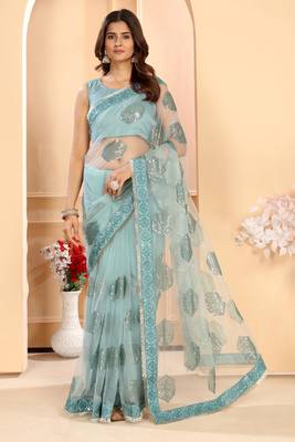 Patlani Style Beautiful Sequence Embroidered Bollywood Lace Saree With Unstitched Blouse. 1