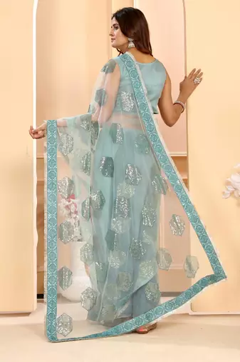 Patlani Style Beautiful Sequence Embroidered Bollywood Lace Saree With Unstitched Blouse.
