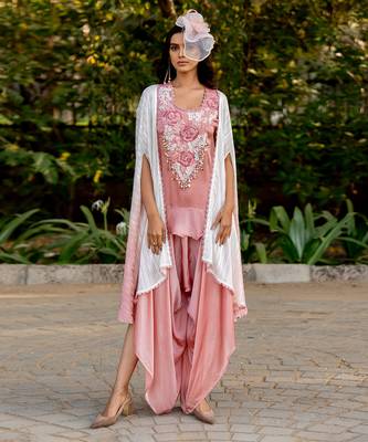 Pink crepe embroidered kurta dhoti pant set 1