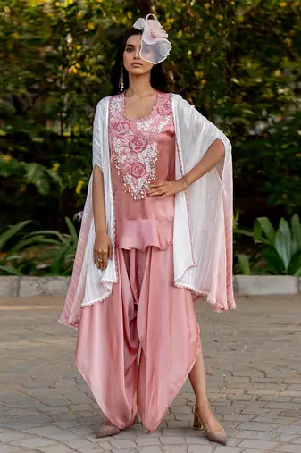 Pink crepe embroidered kurta dhoti pant set