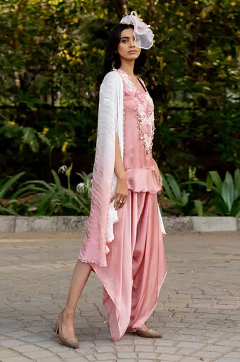 Pink crepe embroidered kurta dhoti pant set