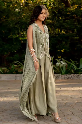 Green raw silk embroidered pant set