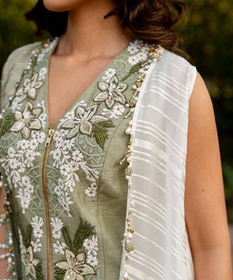 Green raw silk embroidered pant set 3