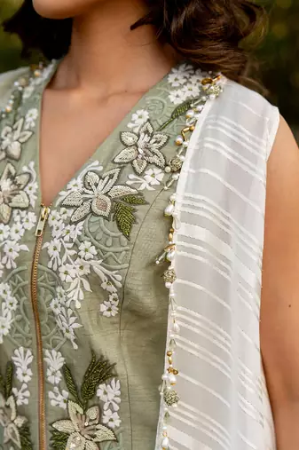 Green raw silk embroidered pant set