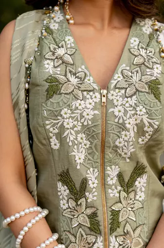 Green raw silk embroidered pant set