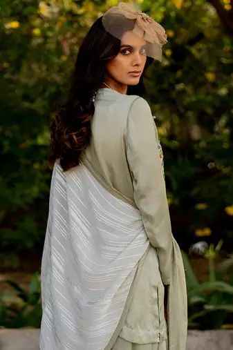 Green crepe embroidered kurta set