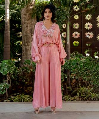Pink lurex embroidered sharara set 1