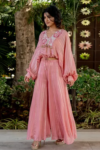 Pink lurex embroidered sharara set