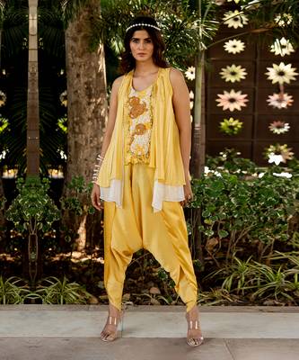 Yellow lurex embroidered dhoti pant set 1