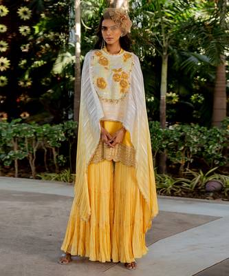 Yellow raw silk embroidered gharara set 1