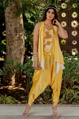 Yellow lurex embroidered dhoti pant set