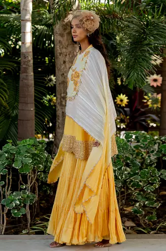 Yellow raw silk embroidered gharara set