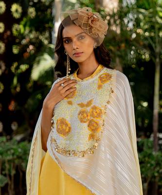 Yellow raw silk embroidered gharara set 3