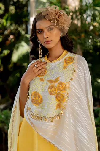 Yellow raw silk embroidered gharara set