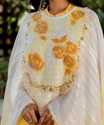 Yellow raw silk embroidered gharara set 4