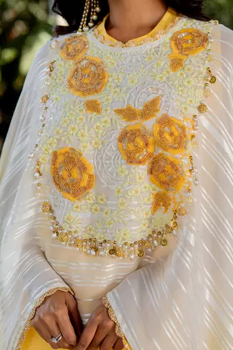 Yellow raw silk embroidered gharara set