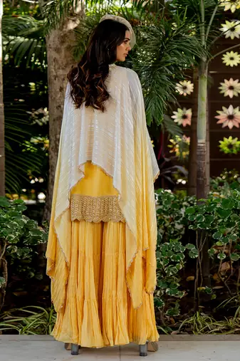 Yellow raw silk embroidered gharara set