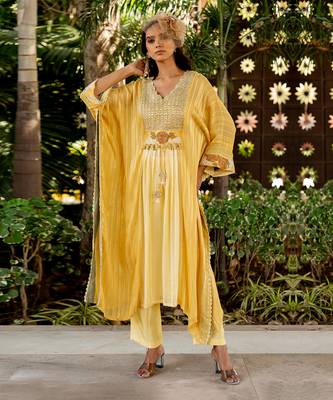 Yellow lurex embroidered kaftan and pant set 1
